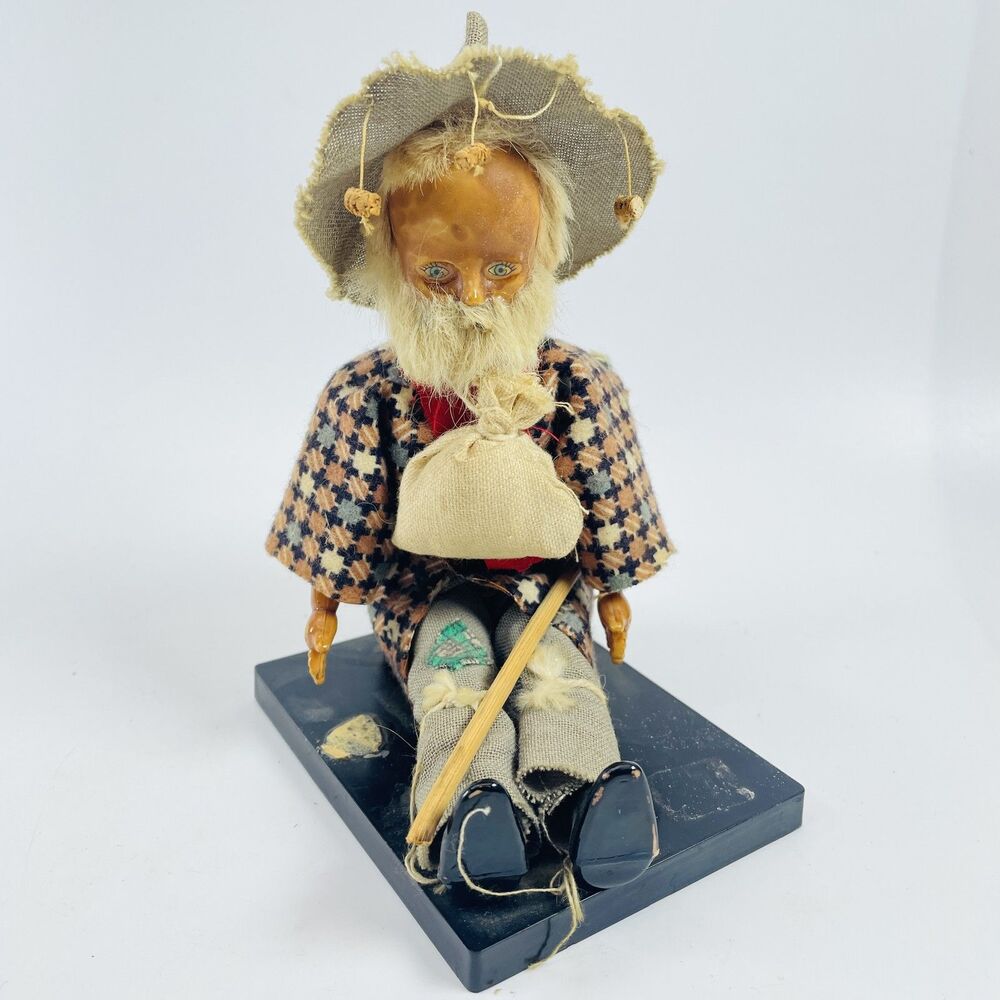 Vintage Handmade Folk Art Jolly SwagMan Doll w/ Hat & Sack Prospector Music Box